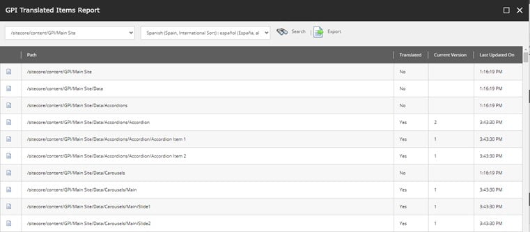 GPI Translated Items Report - Sitecore