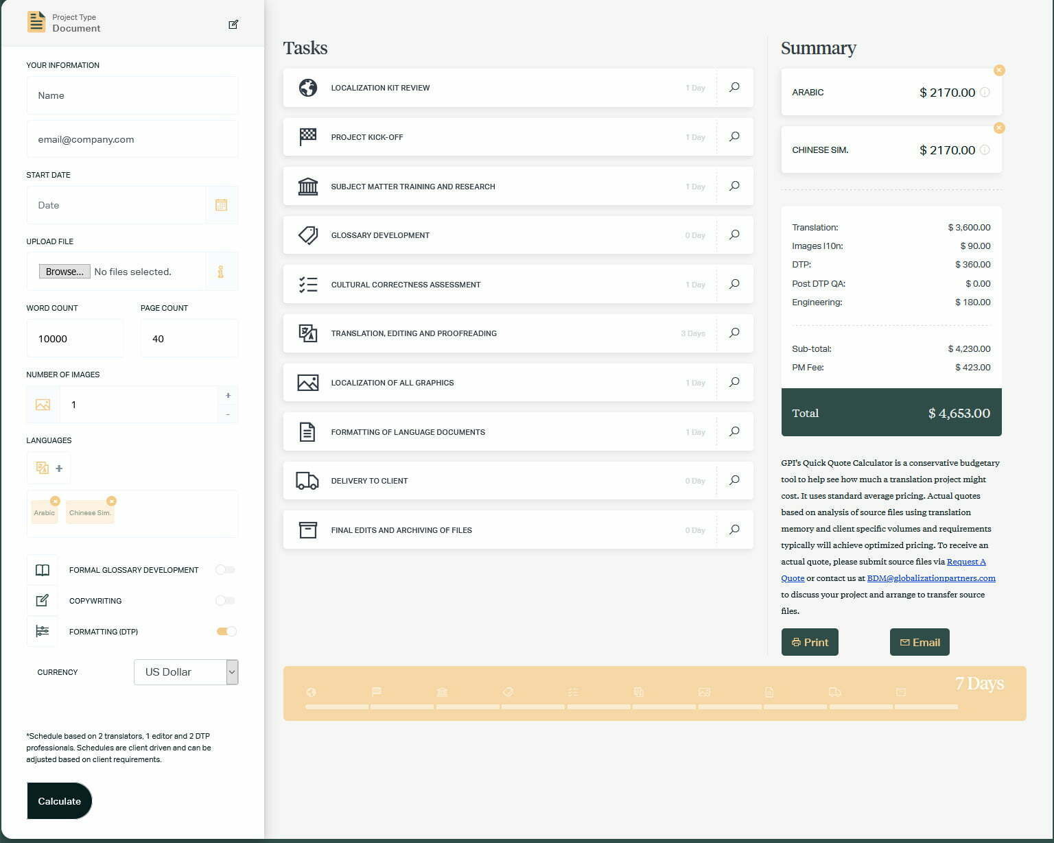 Translation Services Quick Quote Calculator
